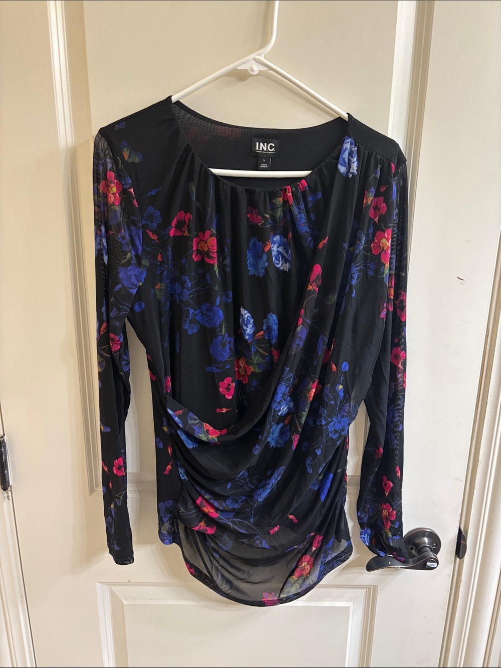 INC International Concepts Black Floral Draped Long-Sleeve Top